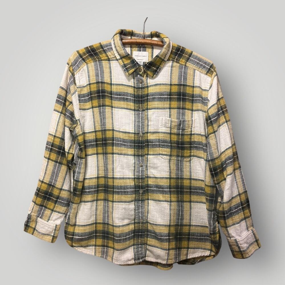 American Eagle Women’s Plaid Flannel Button Down Size Medium Boyfriend Fit Gold
